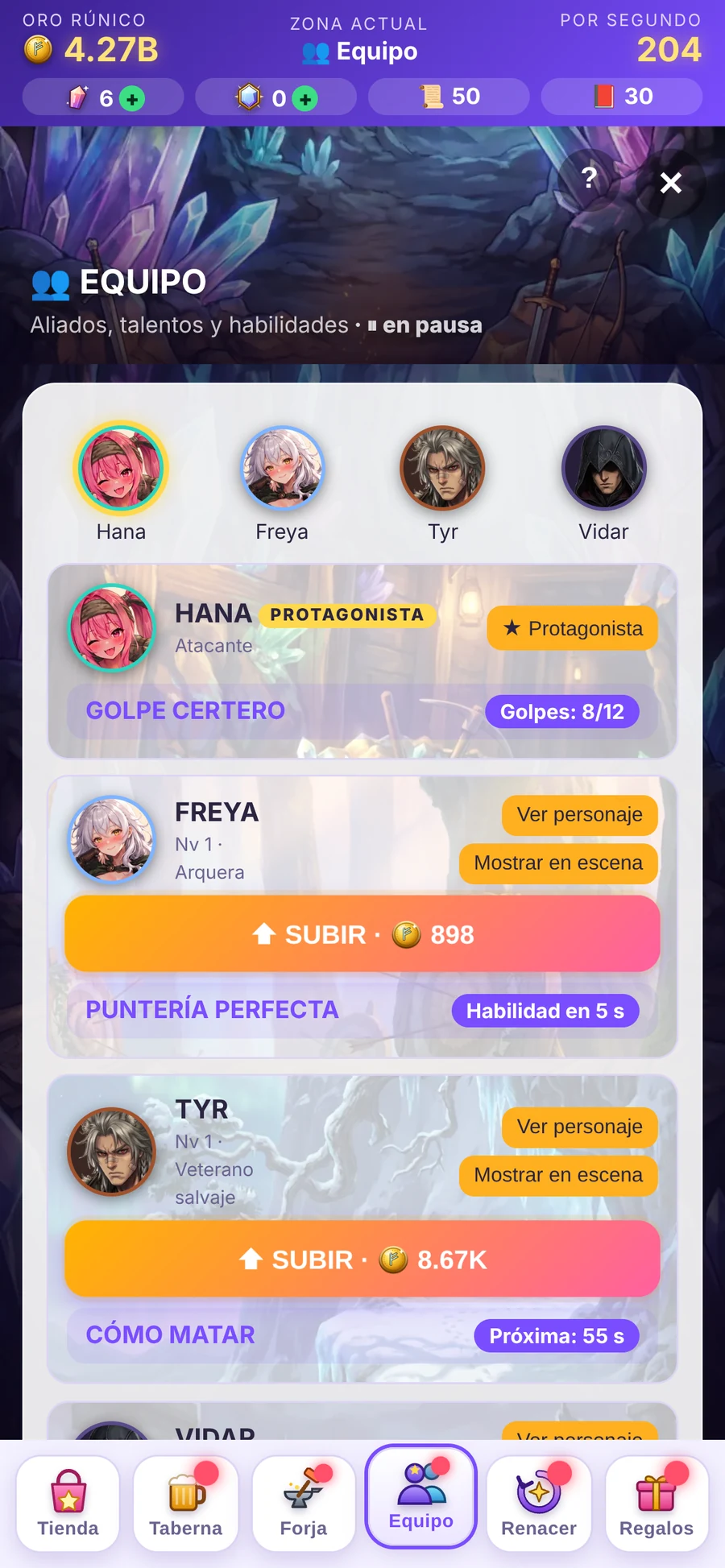 Pantalla de equipo